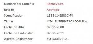 Imagen del whois del dominio lidlmovil.es