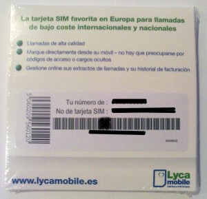 Reverso de la tarjeta SIM de Lycamobile sin pin