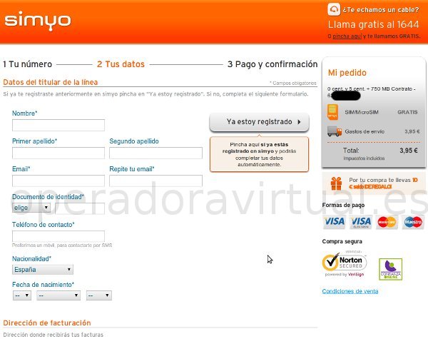 Introducir datos personales en Simyo