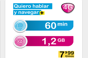 60 minutos y 1,2 Gb por 7,99 de contrato en Suop