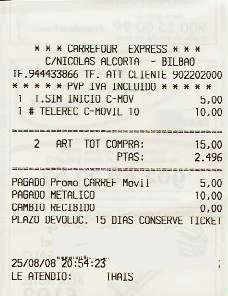 Imagen del ticket de compra de tarjeta Carrefour Móvil