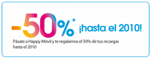 50% en recargas gratis con Happy Móvil